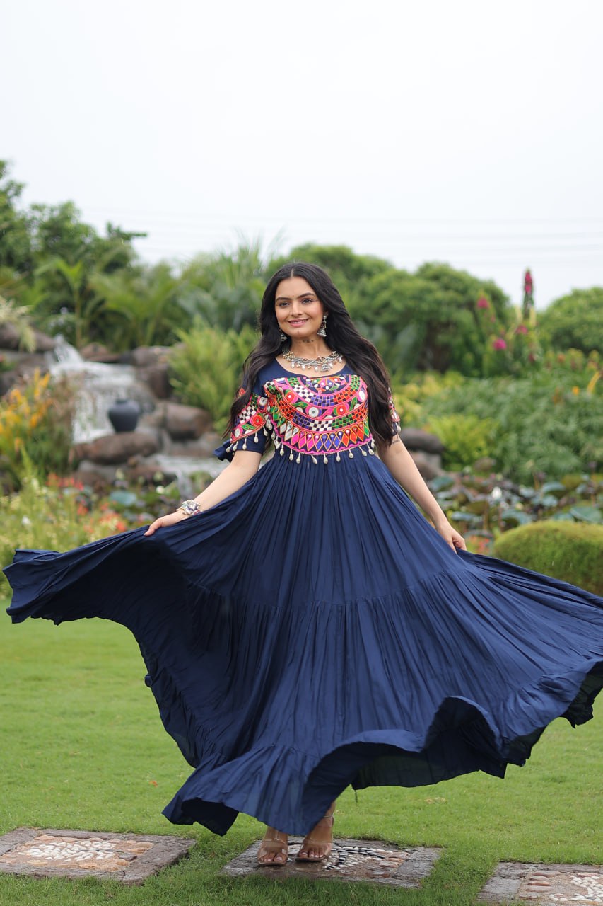 Navy Blue Desiger Reyon With Kutchi Gamthi Work Navratri Gown