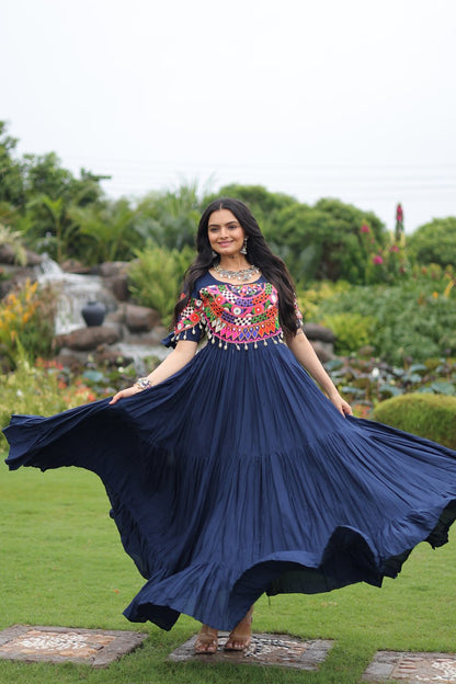 Navy Blue Desiger Reyon With Kutchi Gamthi Work Navratri Gown