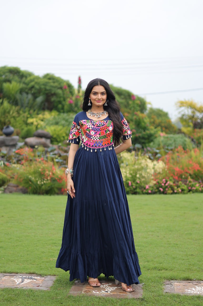 Navy Blue Desiger Reyon With Kutchi Gamthi Work Navratri Gown