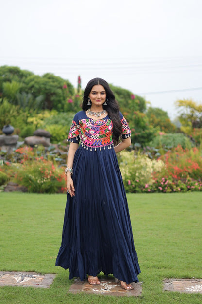 Navy Blue Desiger Reyon With Kutchi Gamthi Work Navratri Gown
