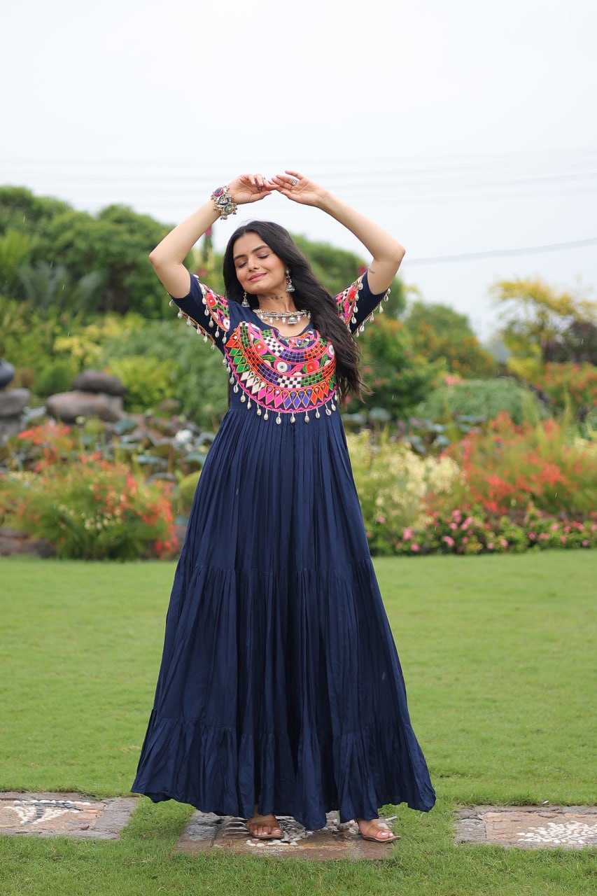 Navy Blue Desiger Reyon With Kutchi Gamthi Work Navratri Gown