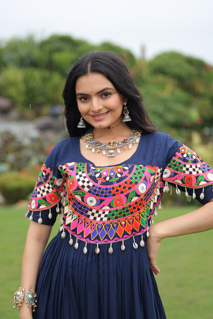 Navy Blue Desiger Reyon With Kutchi Gamthi Work Navratri Gown