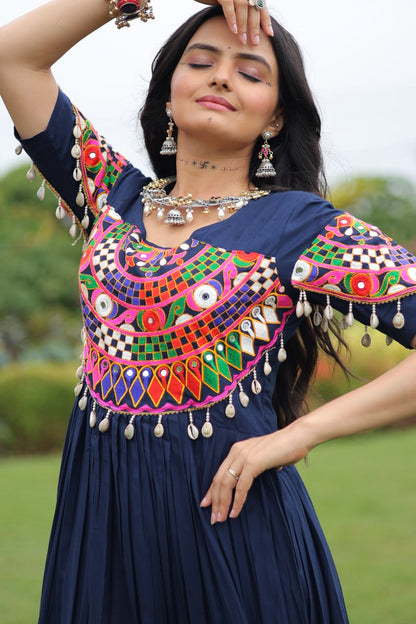 Navy Blue Desiger Reyon With Kutchi Gamthi Work Navratri Gown