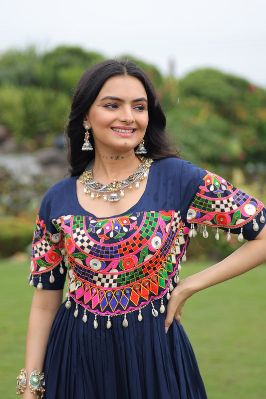 Navy Blue Desiger Reyon With Kutchi Gamthi Work Navratri Gown