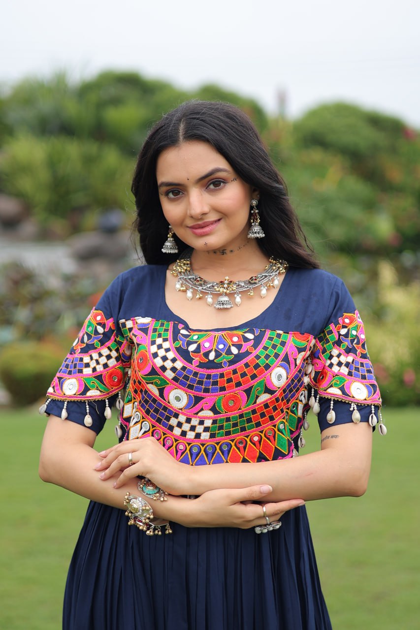 Navy Blue Desiger Reyon With Kutchi Gamthi Work Navratri Gown