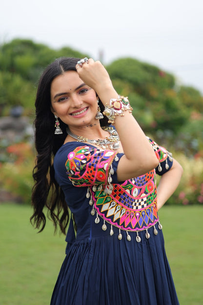 Navy Blue Desiger Reyon With Kutchi Gamthi Work Navratri Gown