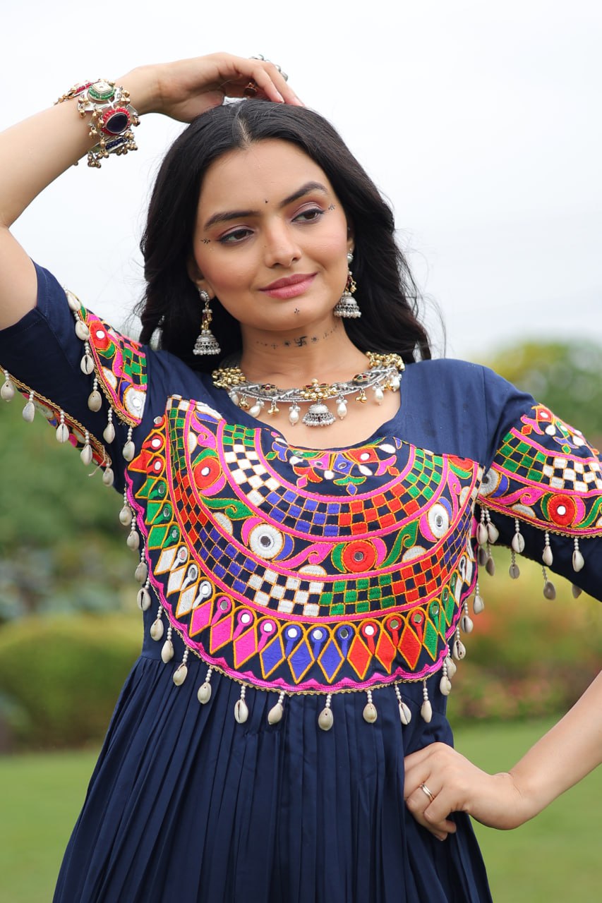 Navy Blue Desiger Reyon With Kutchi Gamthi Work Navratri Gown