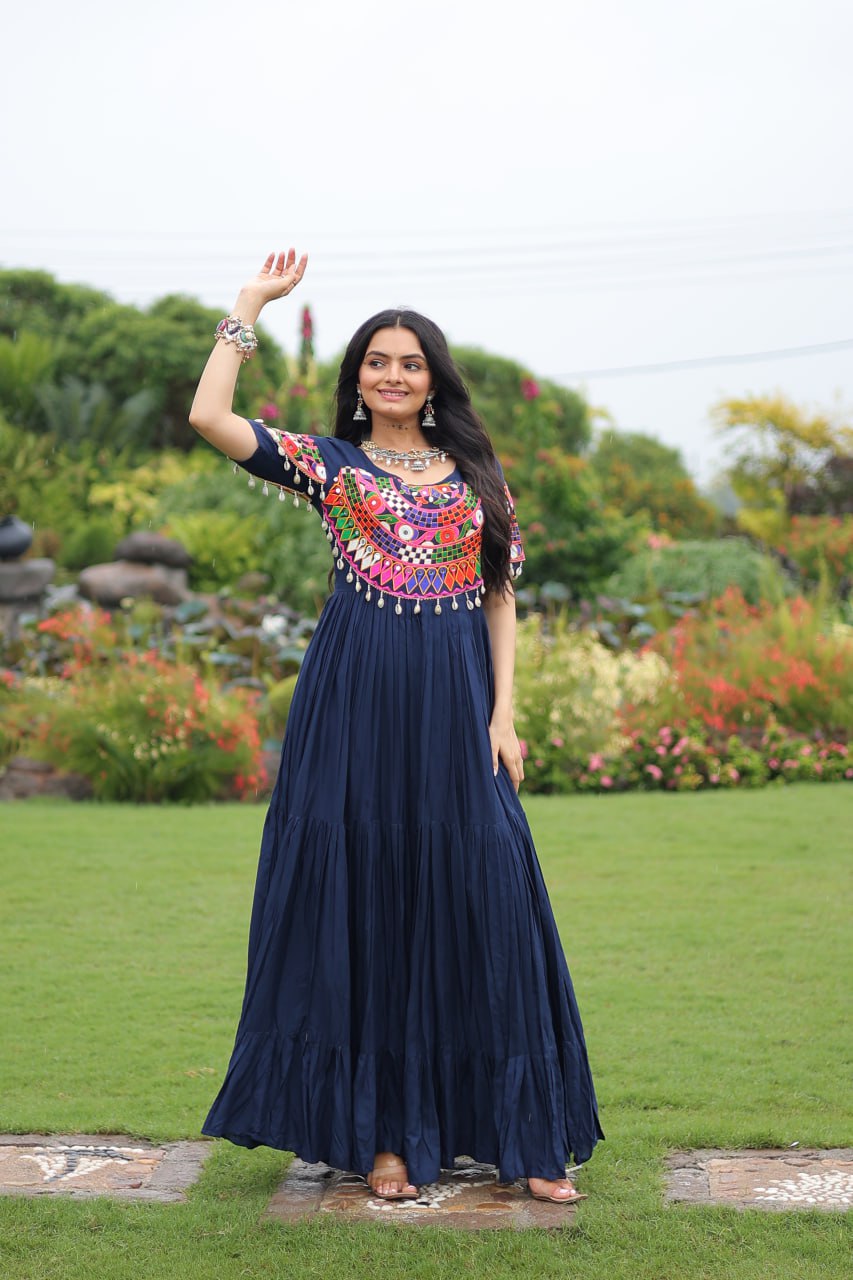 Navy Blue Desiger Reyon With Kutchi Gamthi Work Navratri Gown