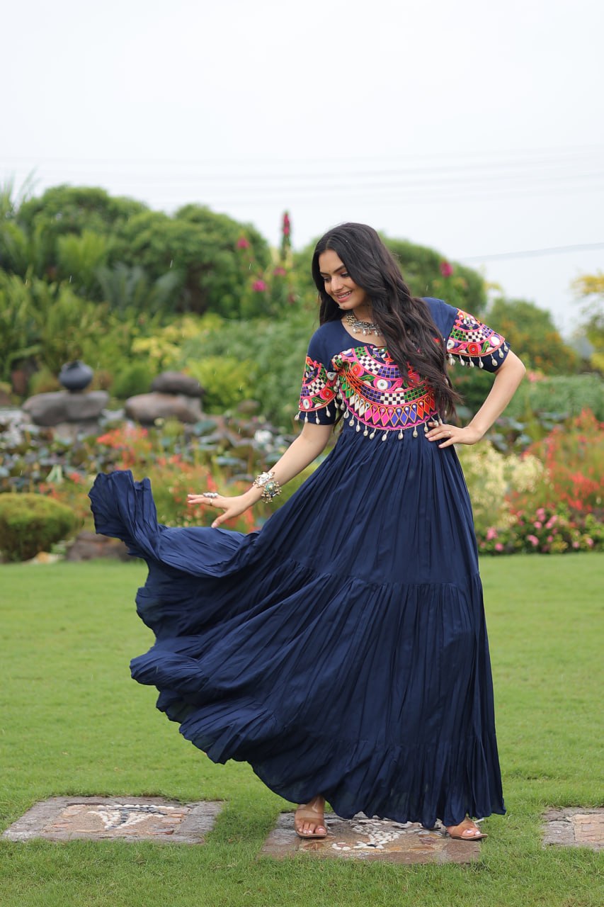 Navy Blue Desiger Reyon With Kutchi Gamthi Work Navratri Gown