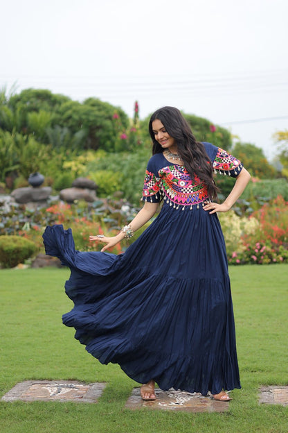 Navy Blue Desiger Reyon With Kutchi Gamthi Work Navratri Gown