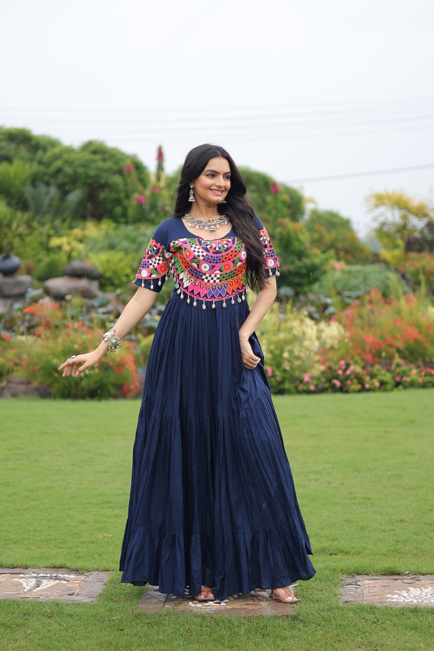 Navy Blue Desiger Reyon With Kutchi Gamthi Work Navratri Gown