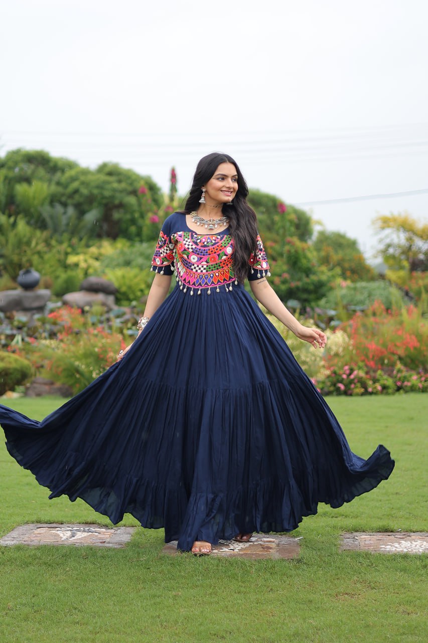 Navy Blue Desiger Reyon With Kutchi Gamthi Work Navratri Gown