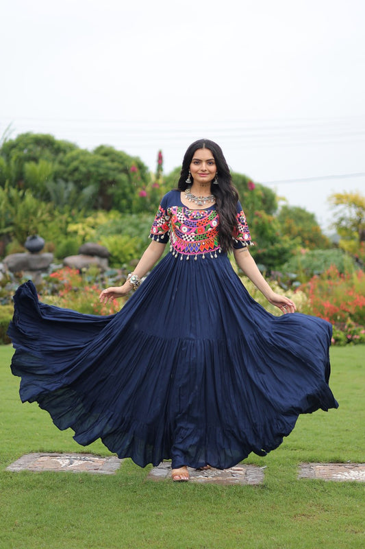 Navy Blue Desiger Reyon With Kutchi Gamthi Work Navratri Gown