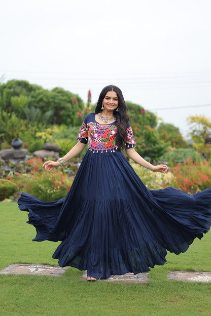 Navy Blue Desiger Reyon With Kutchi Gamthi Work Navratri Gown