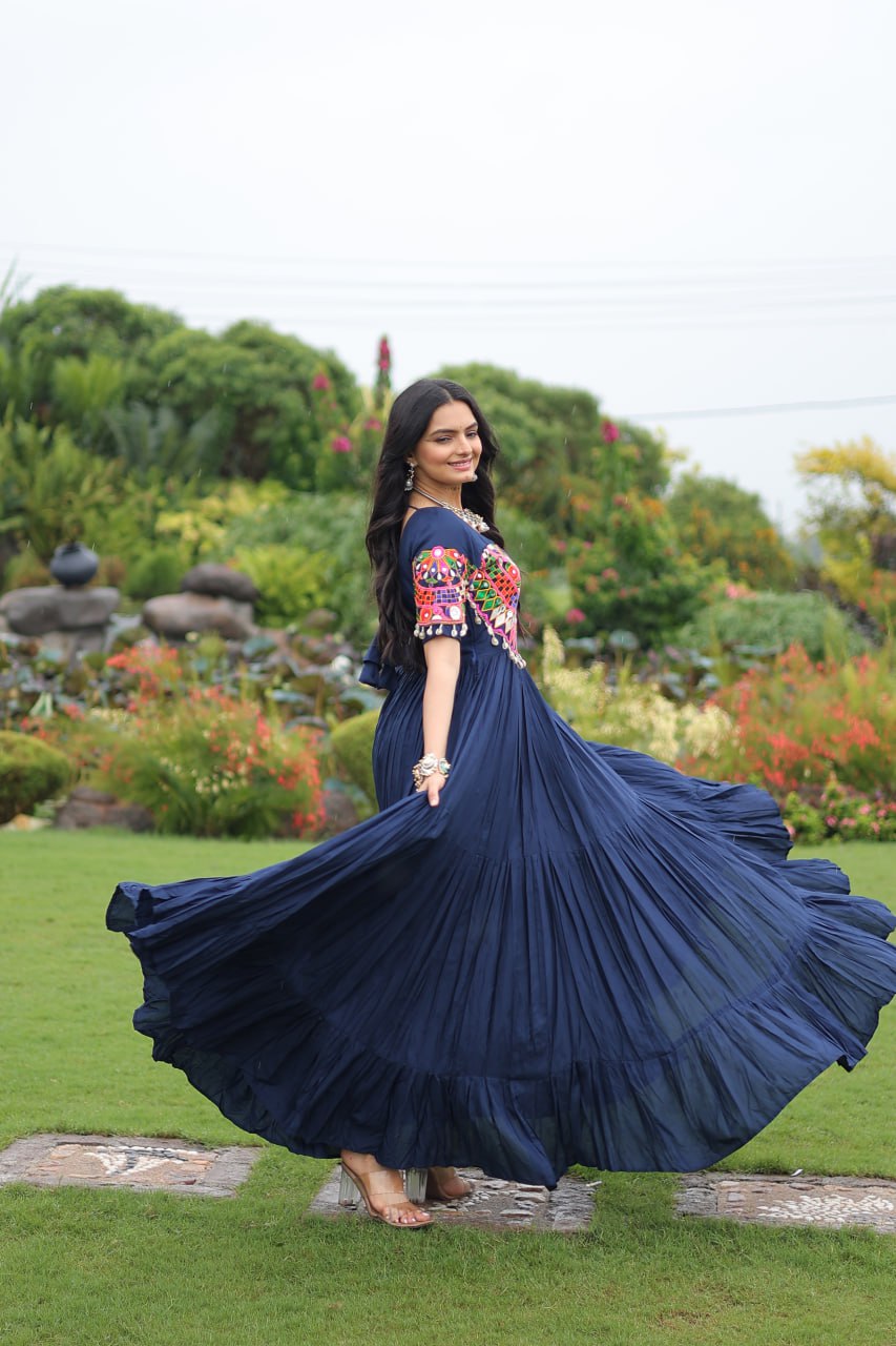 Navy Blue Desiger Reyon With Kutchi Gamthi Work Navratri Gown