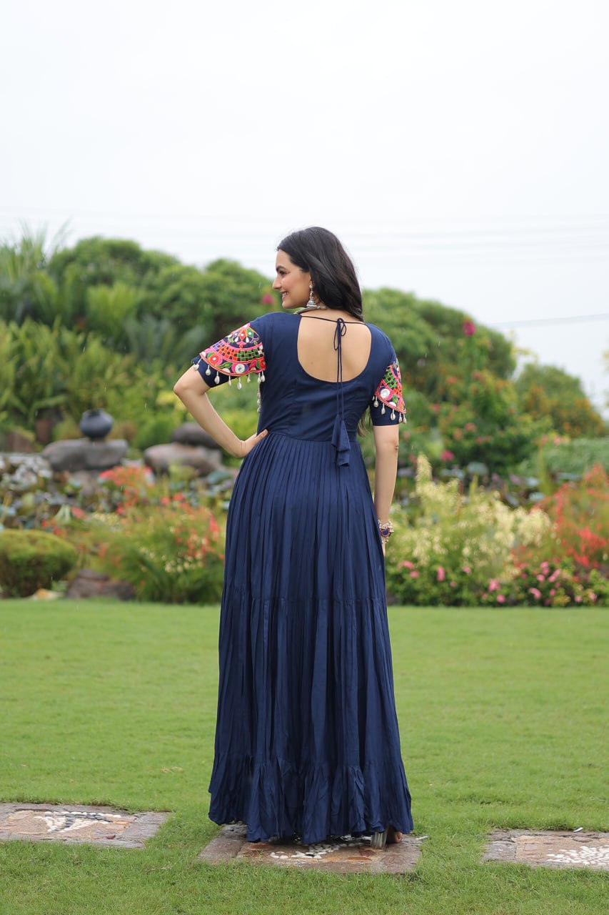 Navy Blue Desiger Reyon With Kutchi Gamthi Work Navratri Gown