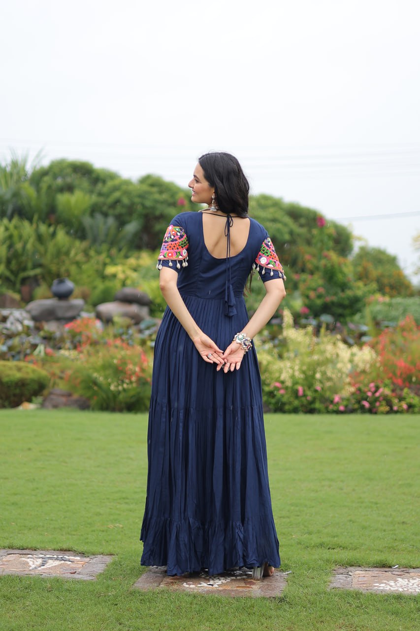 Navy Blue Desiger Reyon With Kutchi Gamthi Work Navratri Gown