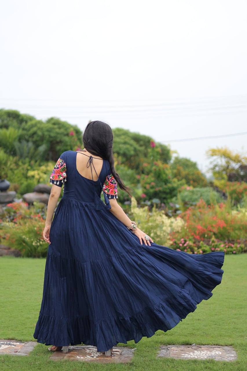 Navy Blue Desiger Reyon With Kutchi Gamthi Work Navratri Gown