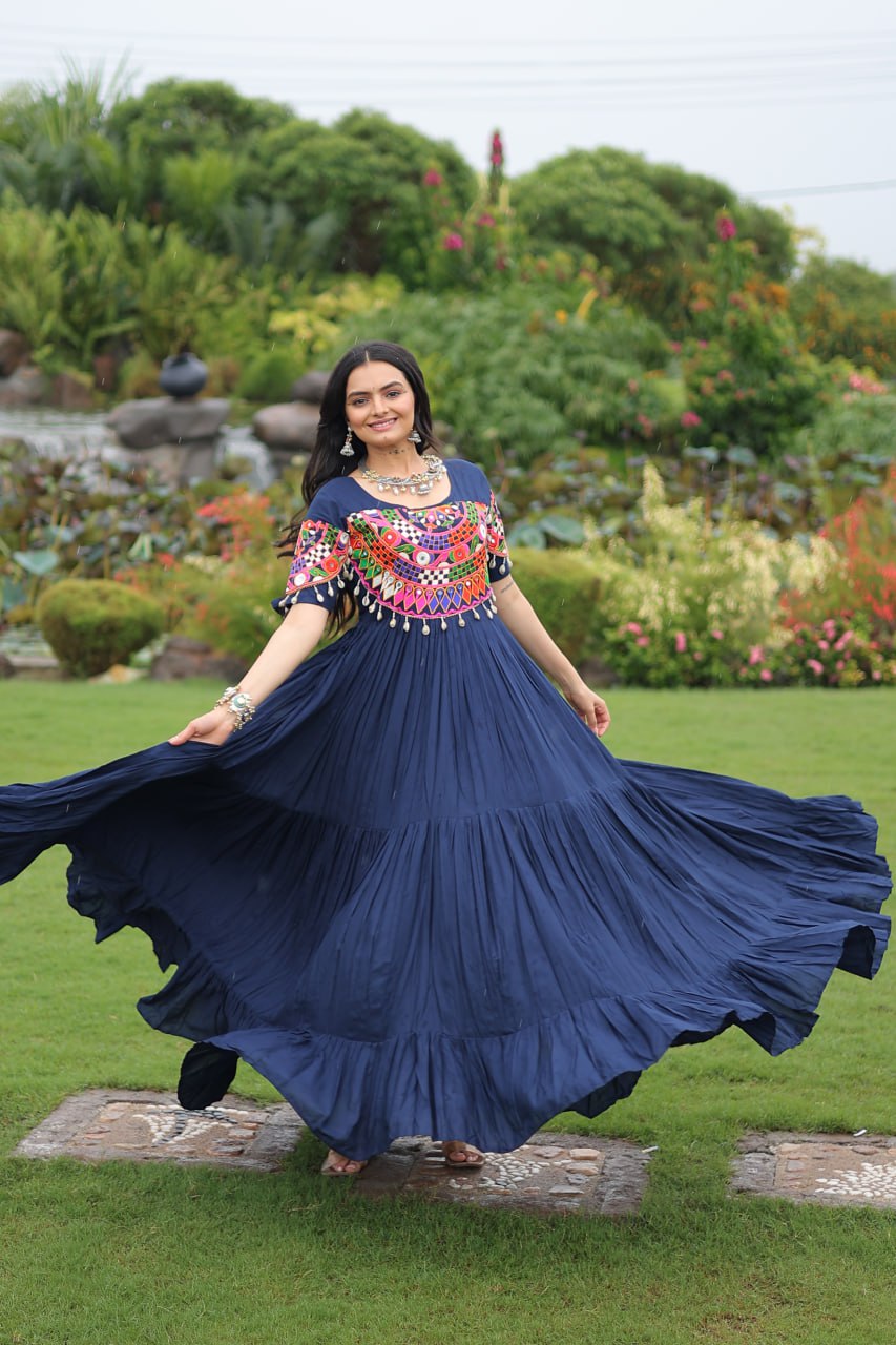 Navy Blue Desiger Reyon With Kutchi Gamthi Work Navratri Gown