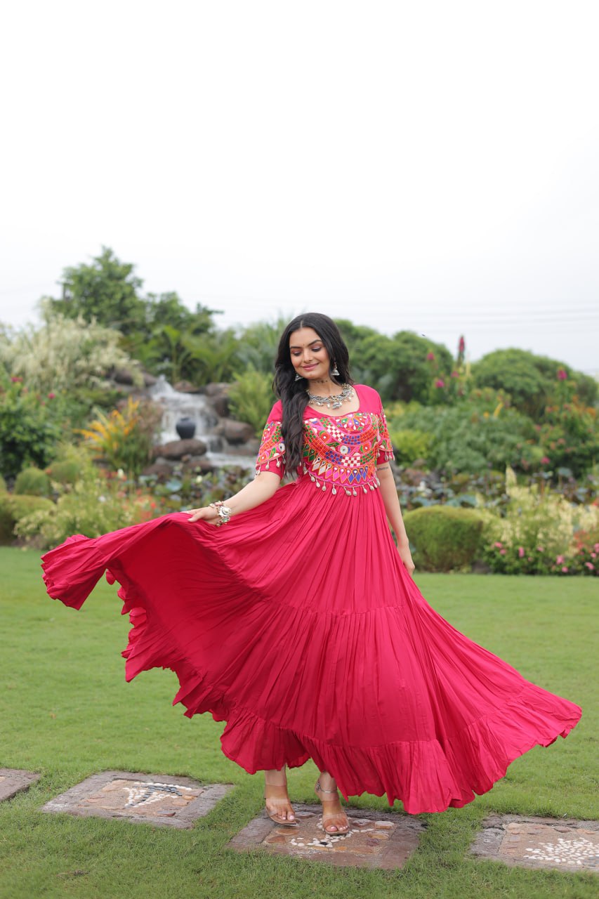 Pink Desiger Reyon With Kutchi Gamthi Work Navratri Gown