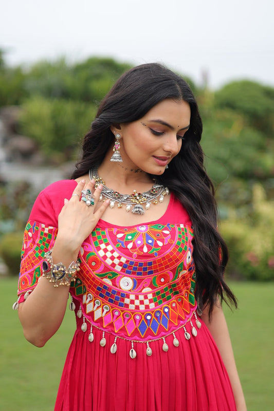 Pink Desiger Reyon With Kutchi Gamthi Work Navratri Gown