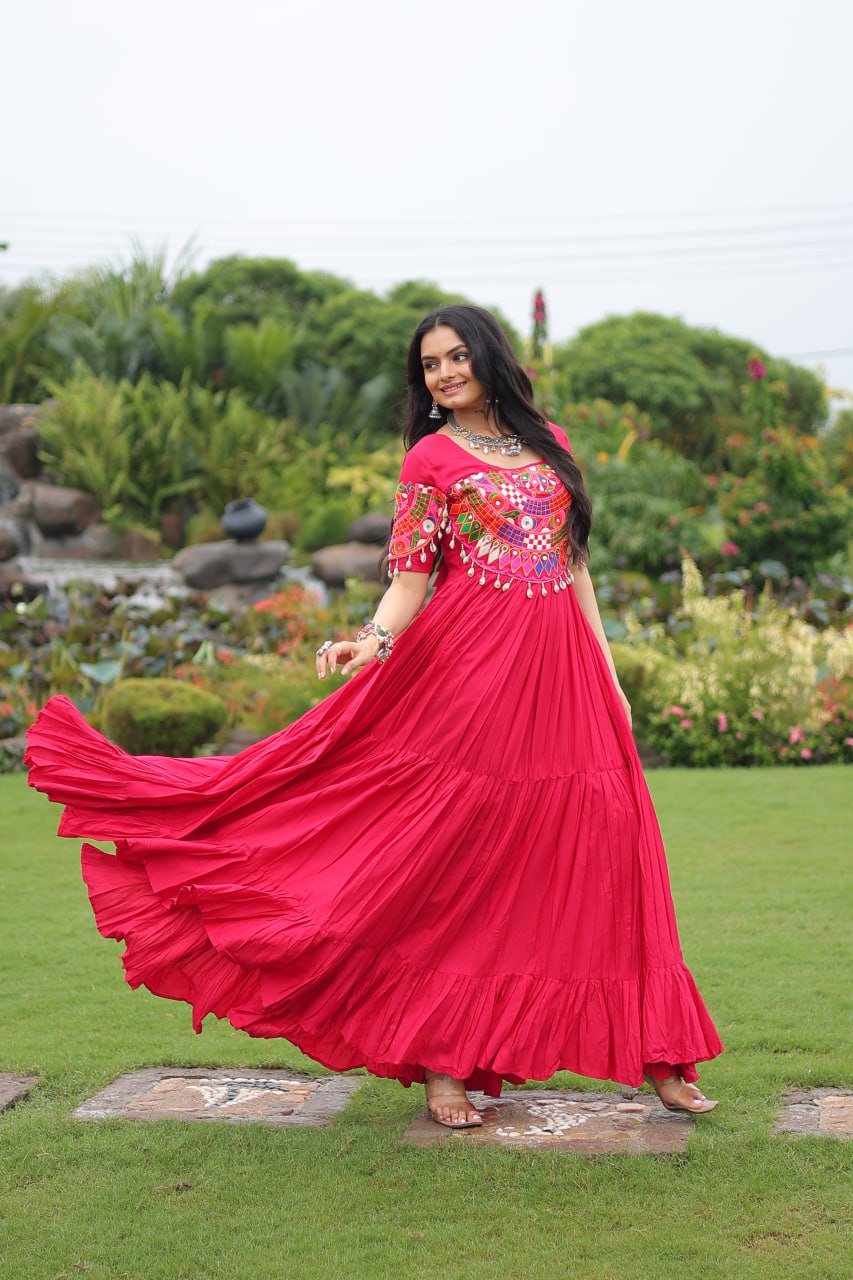 Pink Desiger Reyon With Kutchi Gamthi Work Navratri Gown