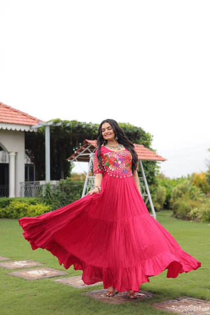 Pink Desiger Reyon With Kutchi Gamthi Work Navratri Gown