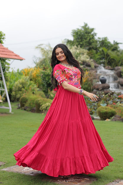 Pink Desiger Reyon With Kutchi Gamthi Work Navratri Gown