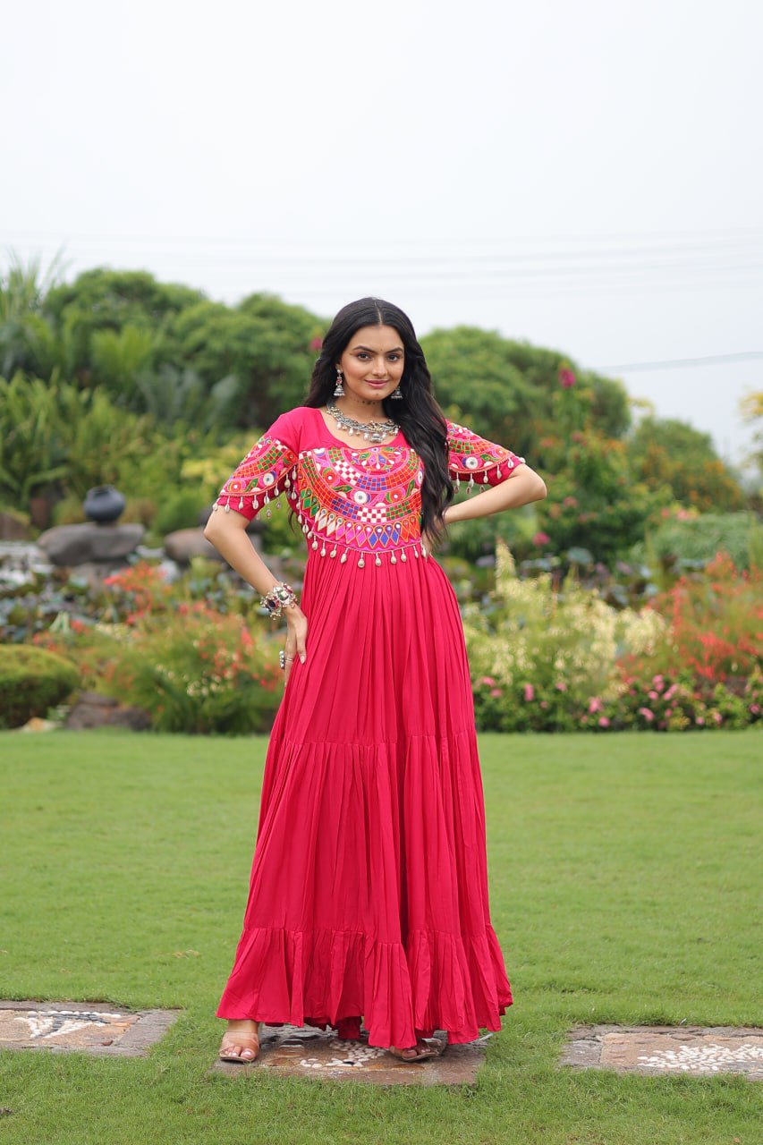 Pink Desiger Reyon With Kutchi Gamthi Work Navratri Gown