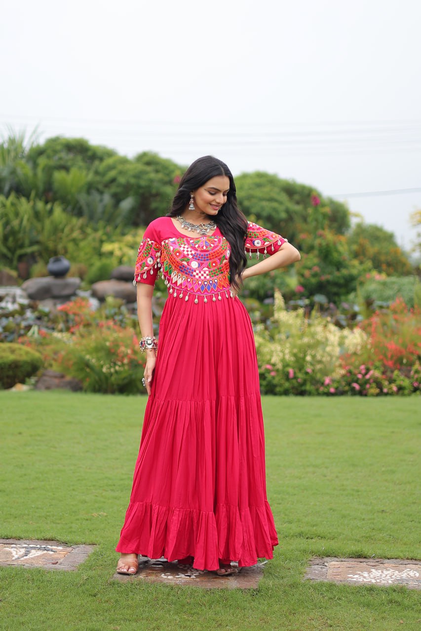 Pink Desiger Reyon With Kutchi Gamthi Work Navratri Gown