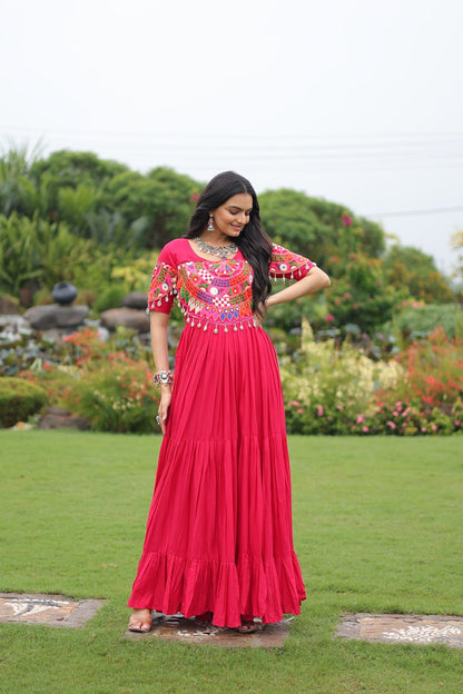 Pink Desiger Reyon With Kutchi Gamthi Work Navratri Gown