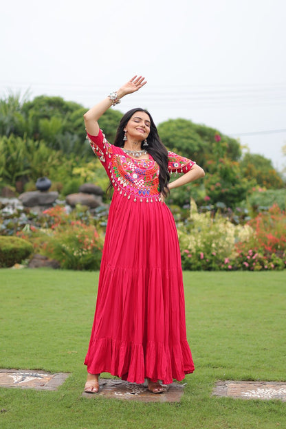 Pink Desiger Reyon With Kutchi Gamthi Work Navratri Gown
