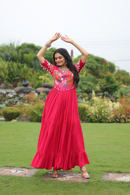 Pink Desiger Reyon With Kutchi Gamthi Work Navratri Gown