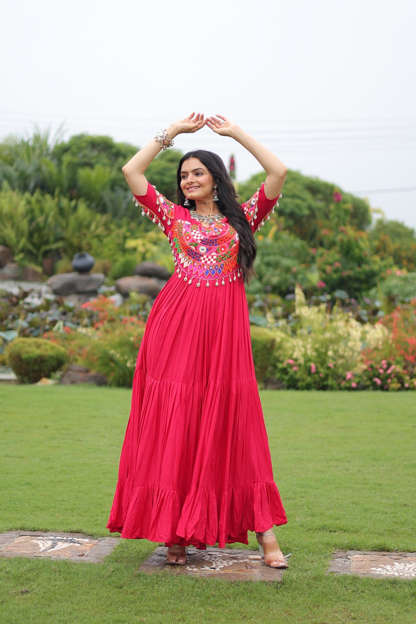 Pink Desiger Reyon With Kutchi Gamthi Work Navratri Gown