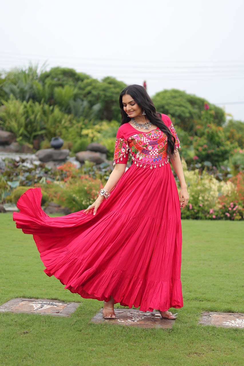 Pink Desiger Reyon With Kutchi Gamthi Work Navratri Gown