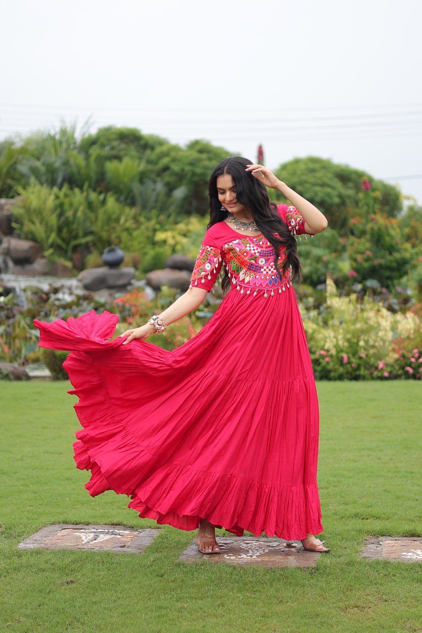 Pink Desiger Reyon With Kutchi Gamthi Work Navratri Gown