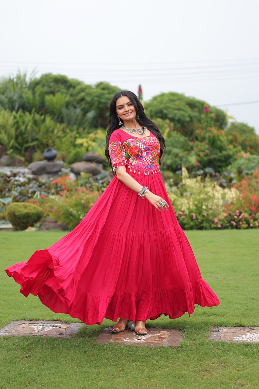 Pink Desiger Reyon With Kutchi Gamthi Work Navratri Gown