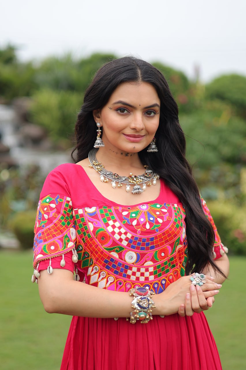 Pink Desiger Reyon With Kutchi Gamthi Work Navratri Gown