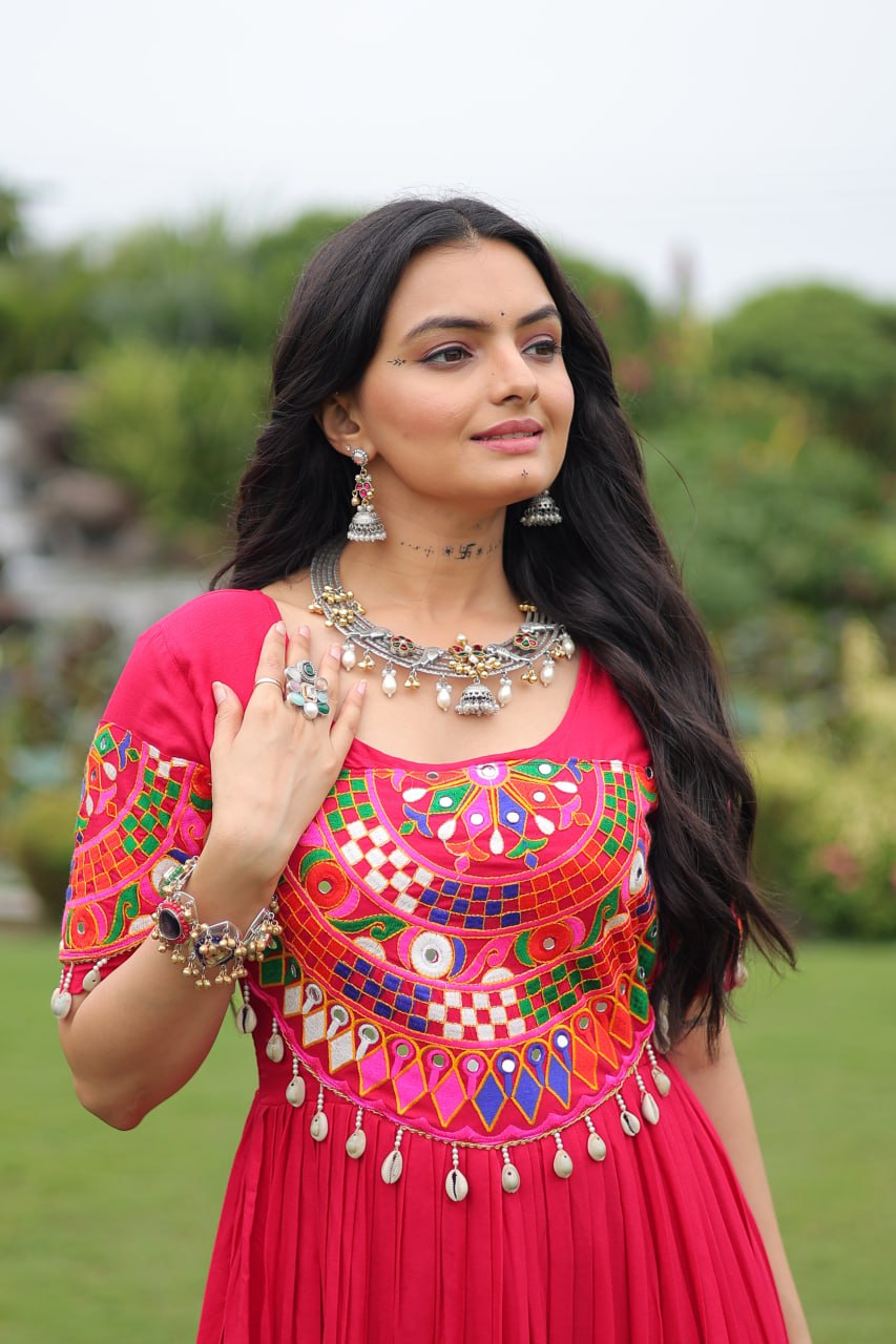 Pink Desiger Reyon With Kutchi Gamthi Work Navratri Gown