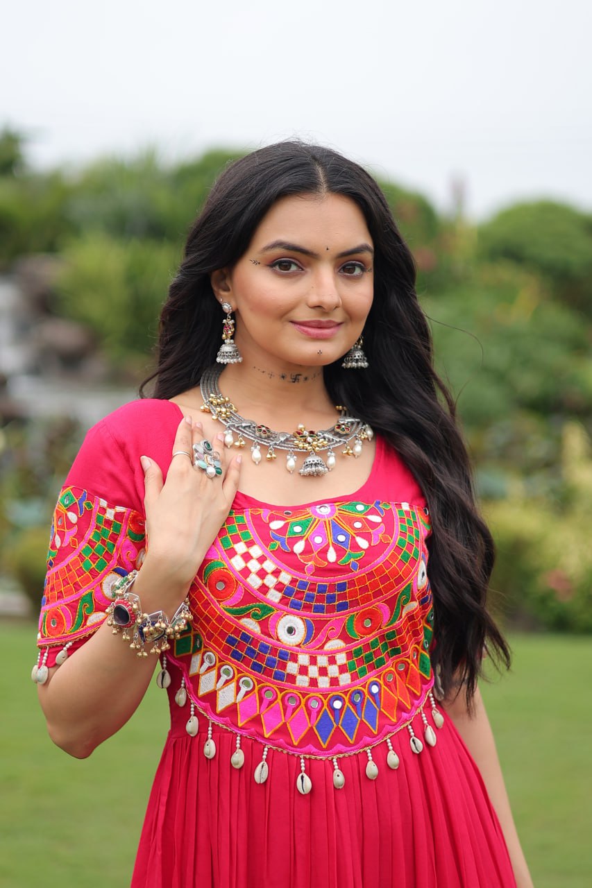 Pink Desiger Reyon With Kutchi Gamthi Work Navratri Gown