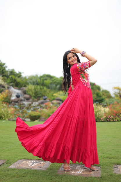 Pink Desiger Reyon With Kutchi Gamthi Work Navratri Gown
