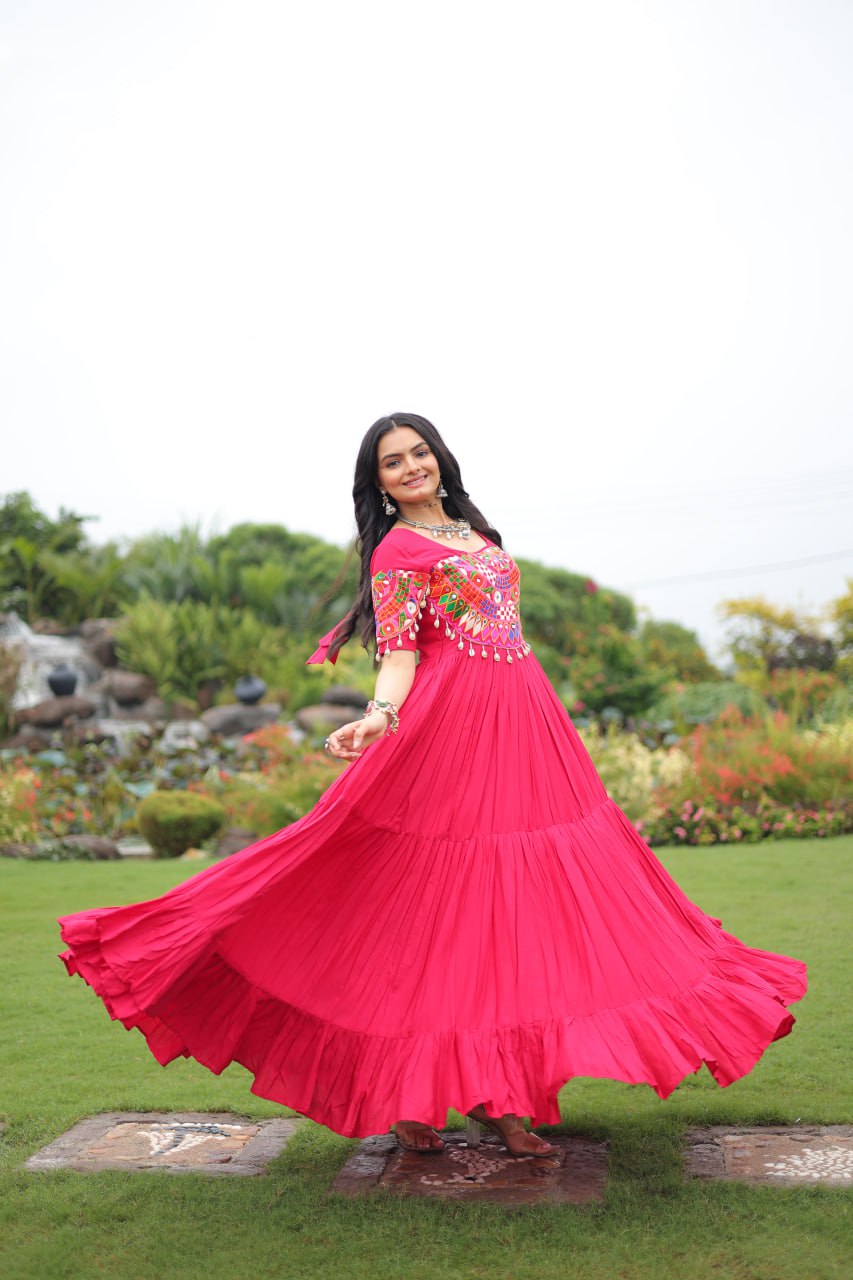 Pink Desiger Reyon With Kutchi Gamthi Work Navratri Gown
