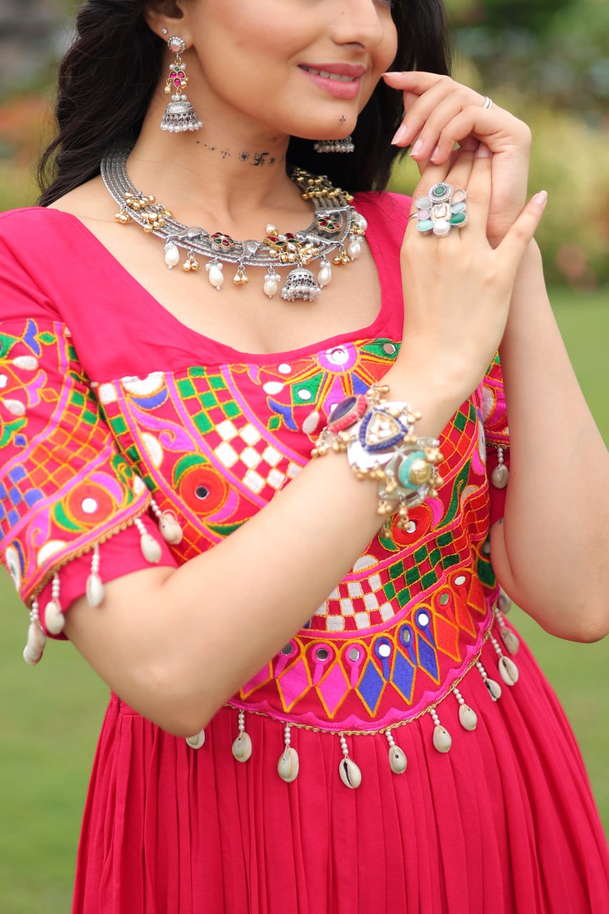 Pink Desiger Reyon With Kutchi Gamthi Work Navratri Gown