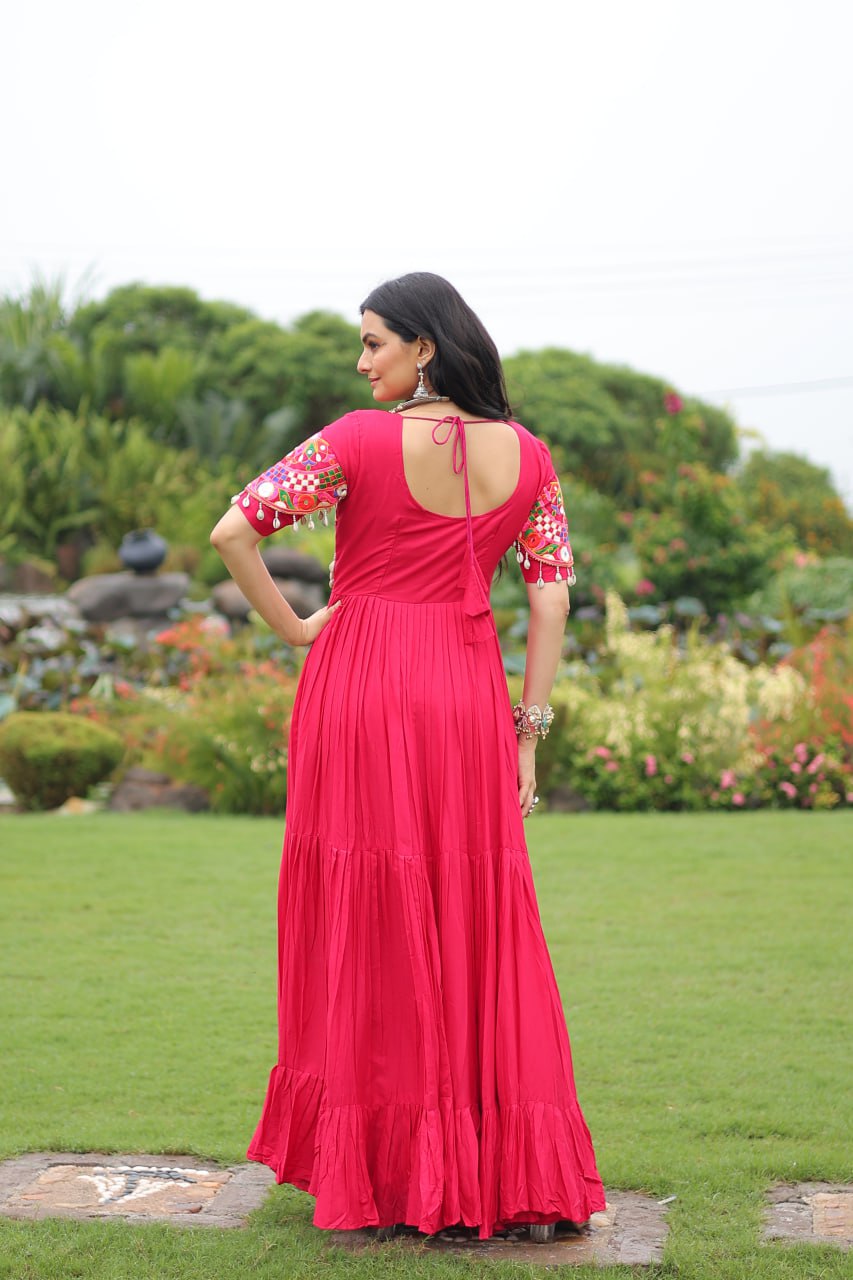 Pink Desiger Reyon With Kutchi Gamthi Work Navratri Gown