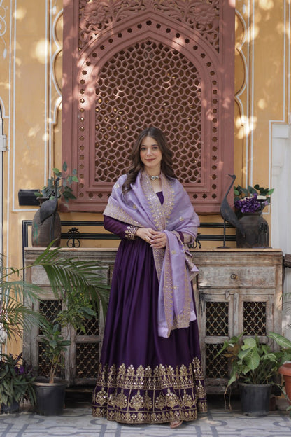 Purple Embroidery Zari Sequins Fancy Neck Work Gown