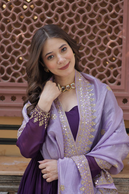 Purple Embroidery Zari Sequins Fancy Neck Work Gown