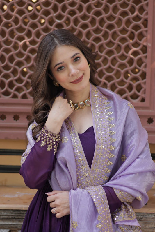 Purple Embroidery Zari Sequins Fancy Neck Work Gown