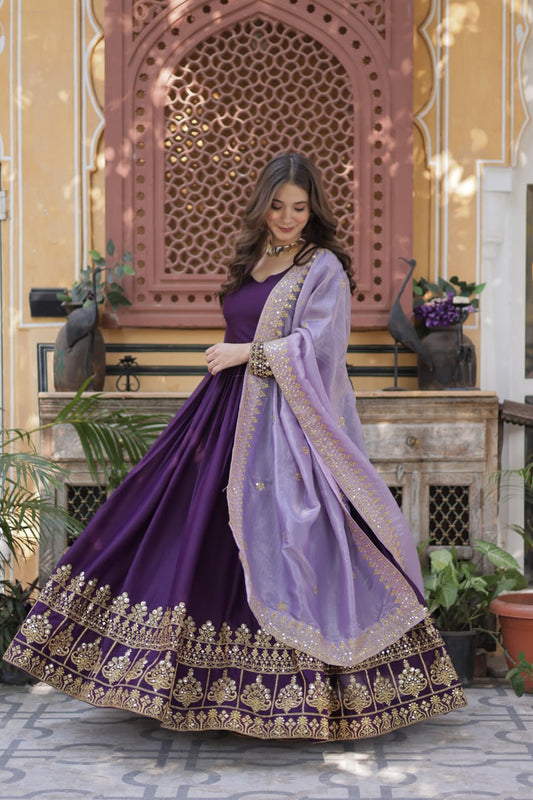 Purple Embroidery Zari Sequins Fancy Neck Work Gown
