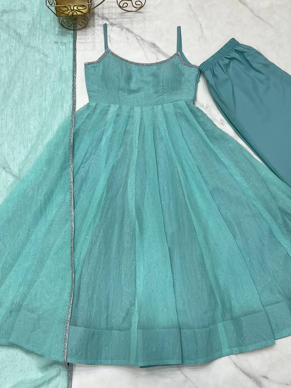 Lagoon Color Crunchy Silk Fabric With Siroski Work Salwar Suit