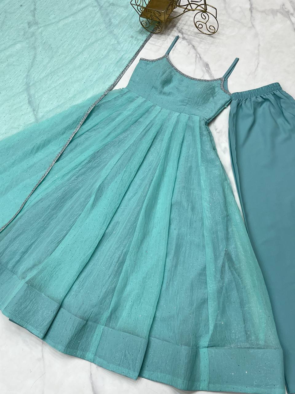 Lagoon Color Crunchy Silk Fabric With Siroski Work Salwar Suit